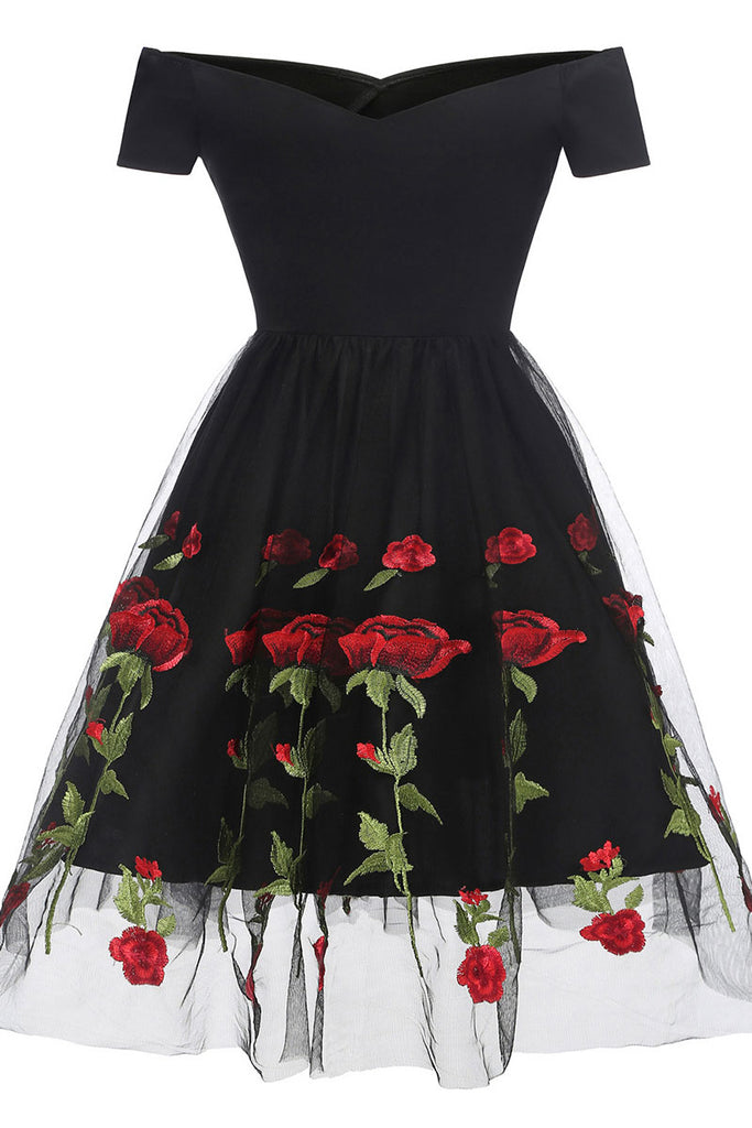 Black Off-the-shoulder Rose Embroidered A-line Prom Dress - Mislish