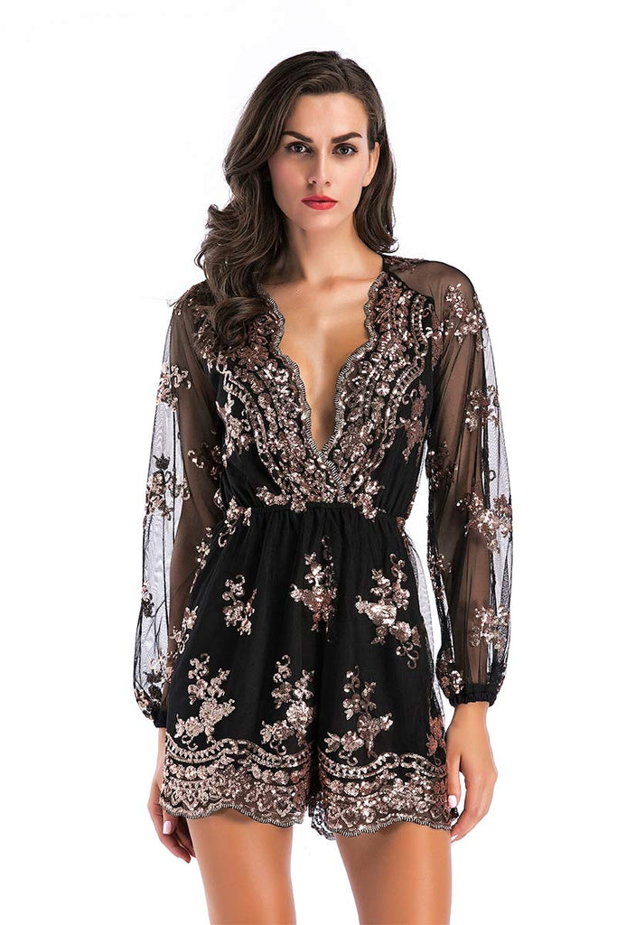 Black Sequined V-neck Romper With Long Sleeves