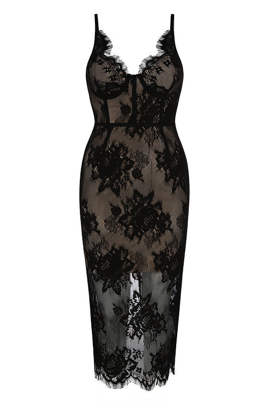 Black Sexy Lace Spaghetti Straps Bodycon Party Dress