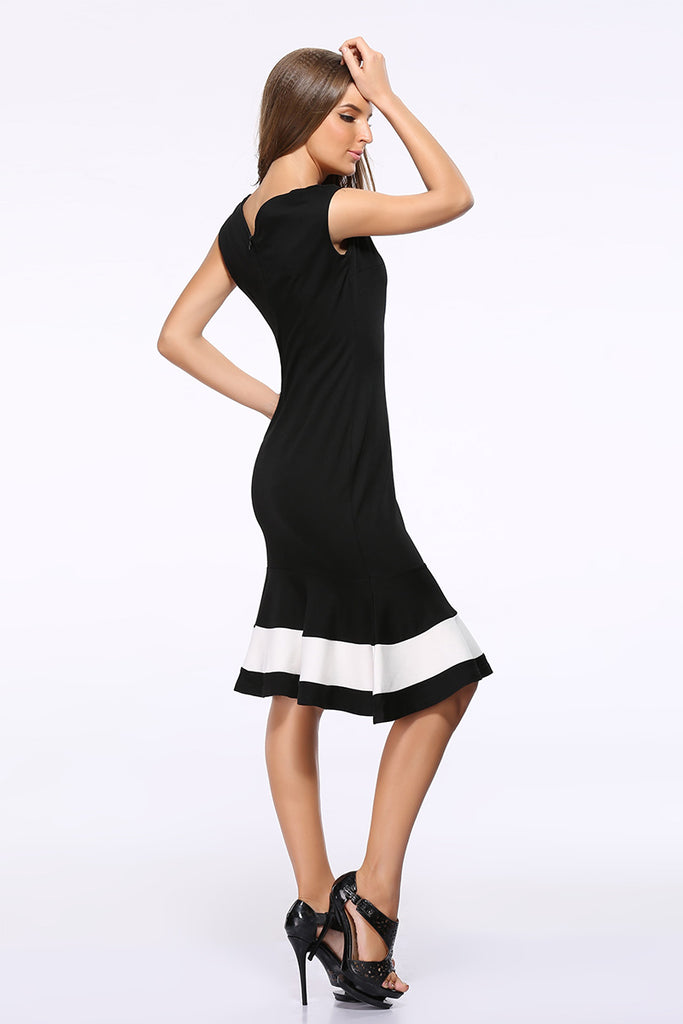 Black Square Neck Sleeveless Color-block Mermaid Dress - Mislish