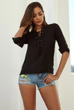 Black Strappy Lace-up Chiffon Blouse With Long Sleeves - Mislish