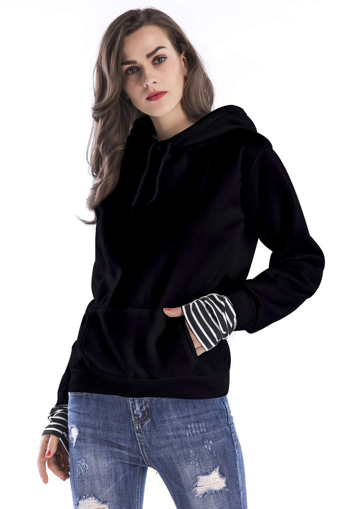 Black Striped Panel Drawstring  Pullover Sweatshirt - Mislish