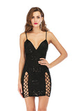 Black V-neck Sequined Strappy Cut Out Bodycon Dress - Mislish