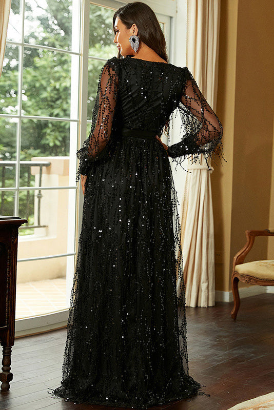 Black A-Line Long Sleeve Formal Gown Evening Prom Dresses