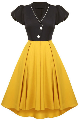 Black And Yellow Short Sleeve A-Line Homecoming Party Dress