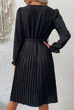 Black Knee Length Pleated Long Sleeve Dress