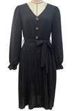 Black Knee Length Pleated Long Sleeve Dress