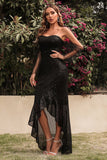 Black Off Shoulder High Low Sequins Party Evening Dresses