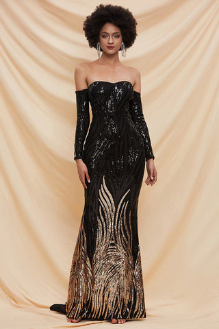 Black Sequins Off Shoulder Formal Gown Evening Prom Dress