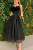 Black Strapless A-Line Prom Party Dress With Feather