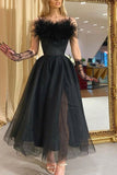 Black Strapless A-Line Prom Party Dress With Feather