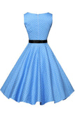 Blue Polka Knot Sleeveless Belted Dress - Mislish