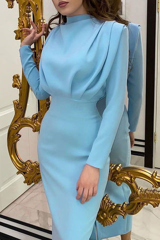Blue Long Sleeve High Neck Dress