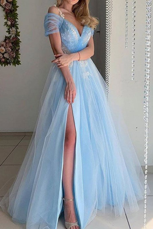 Blue Off-the-Shoulder A-Line Prom Evening Dresses