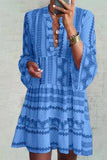 Blue Print Boho Long Sleeve Short Dress