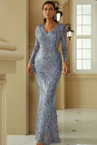 Blue Print Long Sleeve Cut Out Evening Formal Dresses