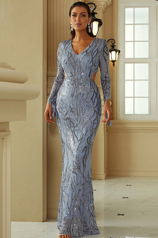 Blue Print Long Sleeve Cut Out Evening Formal Dresses