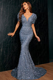 Blue Sequins Short-Sleeve Mermaid Formal Evening Dress