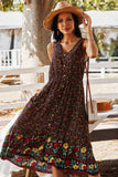 Bohemian V-Neck Printed Gathered Waist Midi Dress
