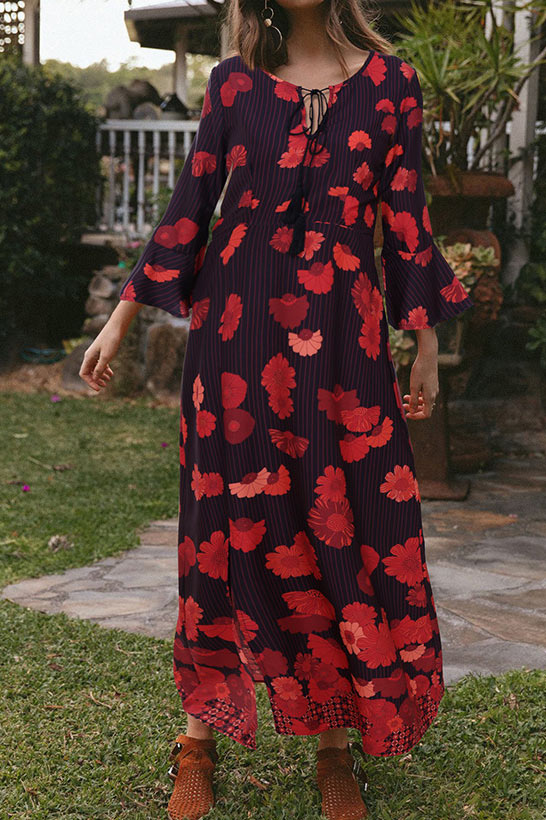 Boho Floral Print Slit Flare Sleeve Maxi Dress - Mislish