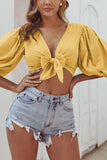 Bowknot V-neck Cropped Blouse With Half Sleeves - Mislish