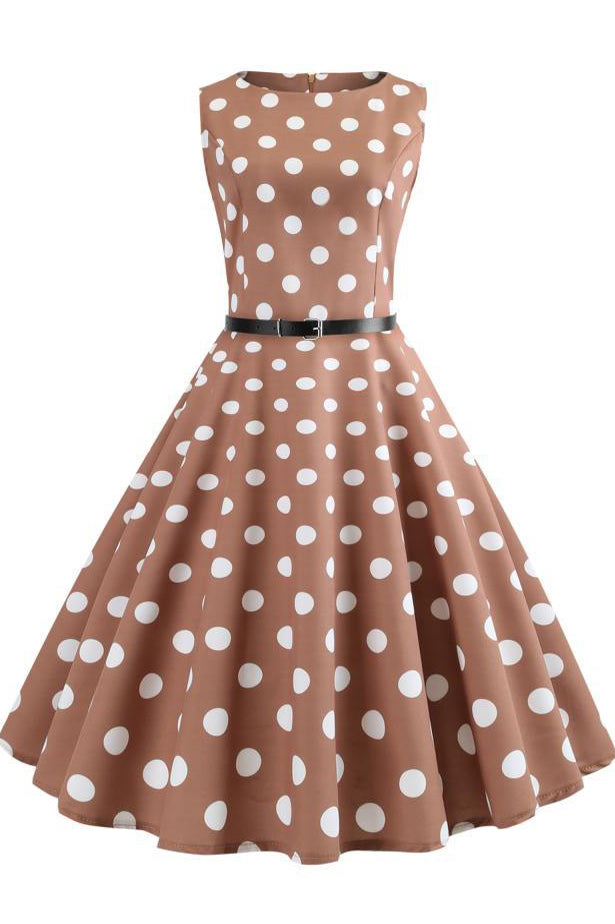 Brown Polka Dot Retro Sleeveless Dress - Mislish