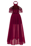 Burgundy High Low Halter Chiffon Long Prom Dress - Mislish