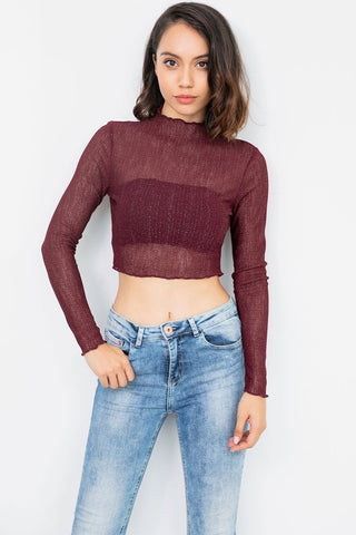 Burgundy High Neck Crop Knit Blouse With Long Sleeves - Mislish