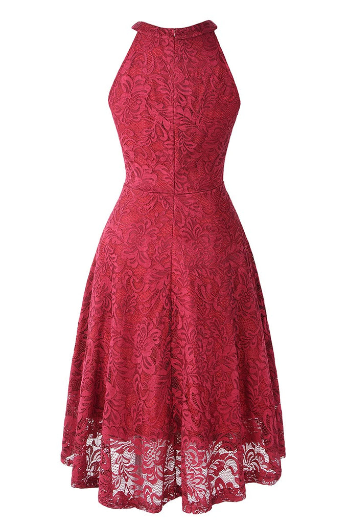 Burgundy Lace A-line Sleeveless Cocktail Dress - Mislish