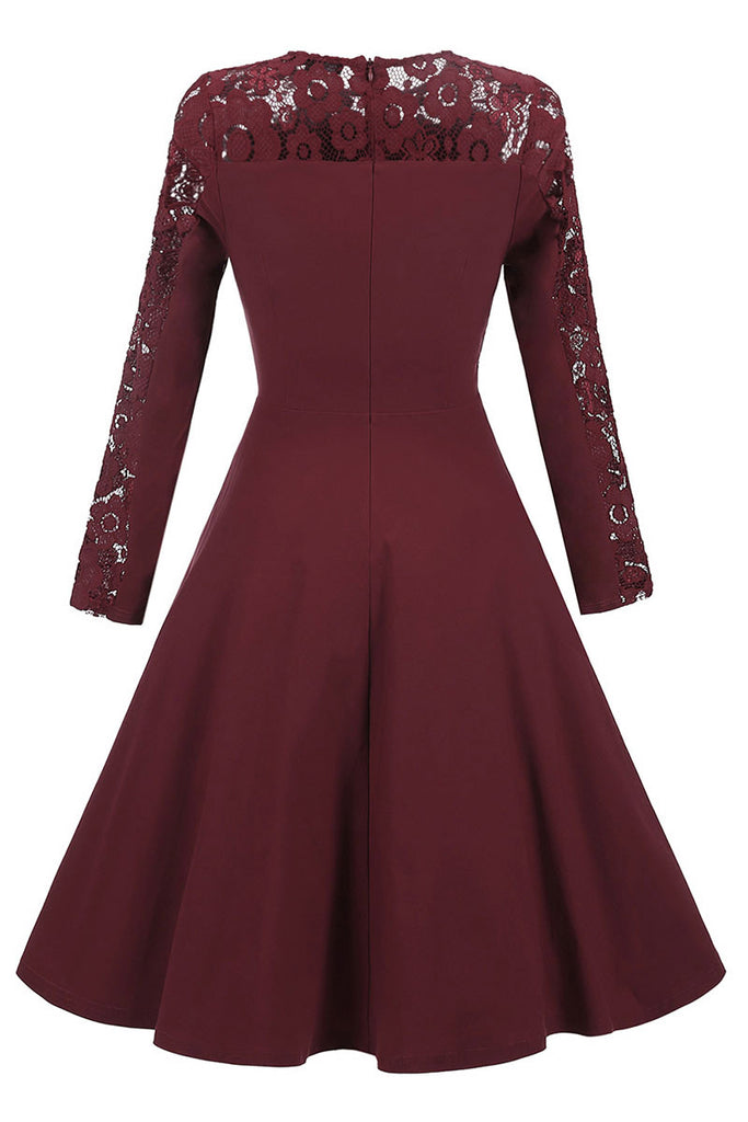 Burgundy Lace Fit And Flare Prom Dress With Long Sleeves