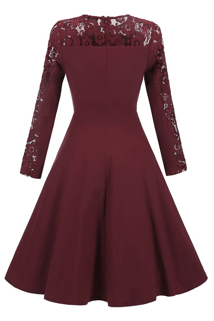 Burgundy Lace Fit And Flare Prom Dress With Sleeves – Mislish