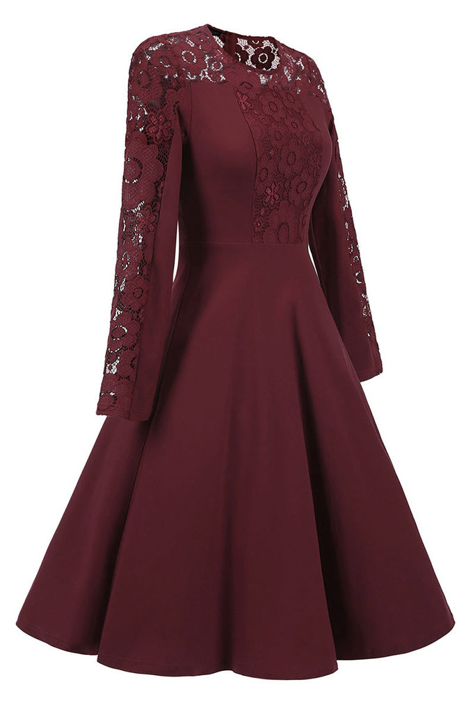 Burgundy Lace Fit And Flare Prom Dress With Sleeves – Mislish
