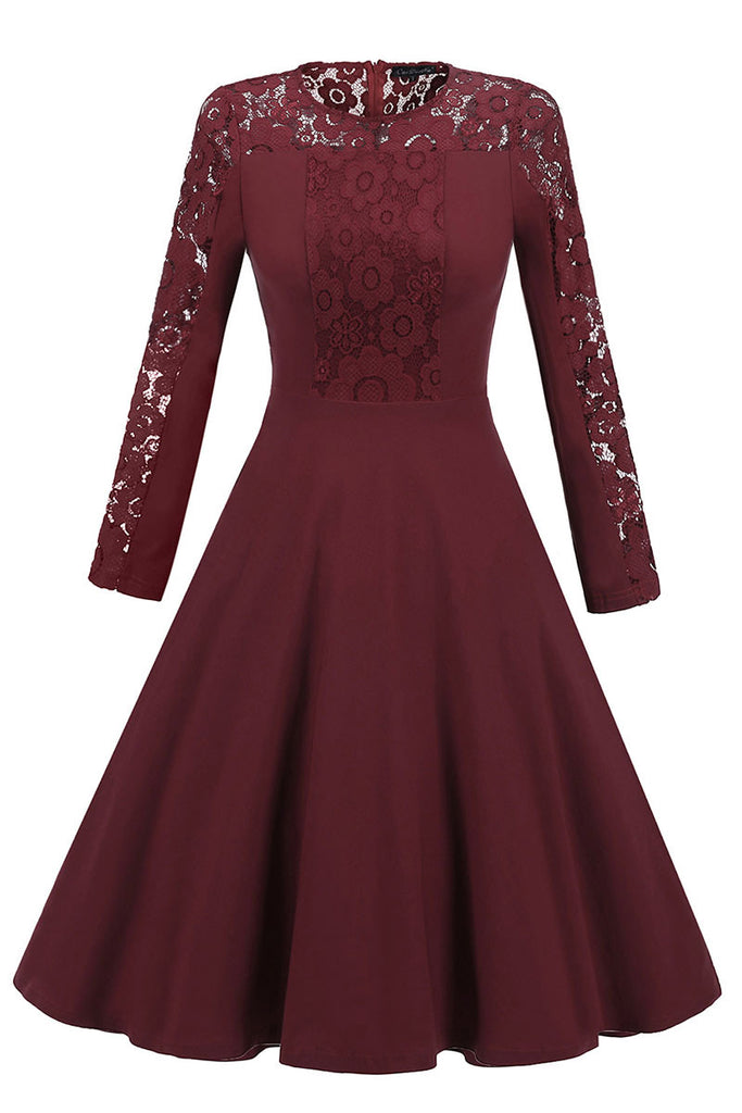 Burgundy Lace Fit And Flare Prom Dress With Long Sleeves
