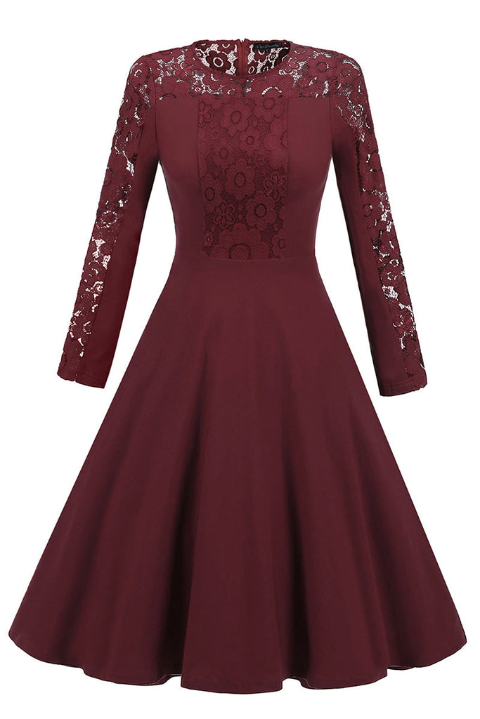 Burgundy Lace Fit And Flare Prom Dress With Sleeves – Mislish