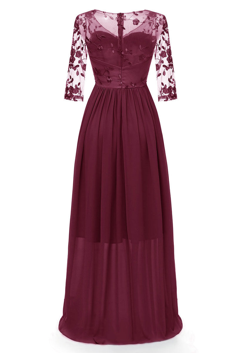 Burgundy Long A-line Long Sleeves Prom Dress With Appliques – Mislish