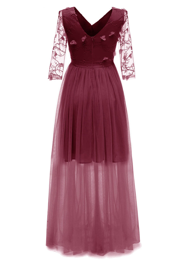 Burgundy Long V-neck Applique A-line Prom Dress With Sleeves