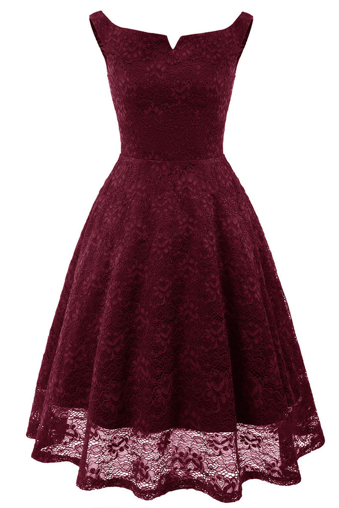 Burgundy Off-the-shoulder Lace Homecoming Prom Dress