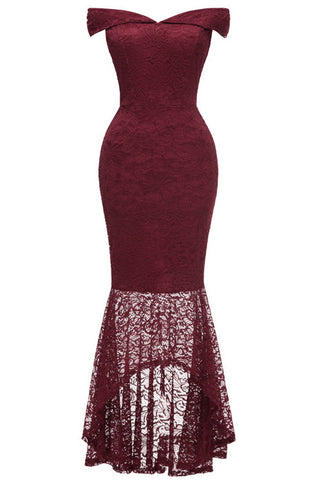 Burgundy Off-the-shoulder Lace Mermaid High Low Prom Dress