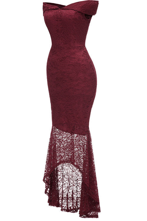 Burgundy Off-the-shoulder Lace Mermaid High Low Prom Dress