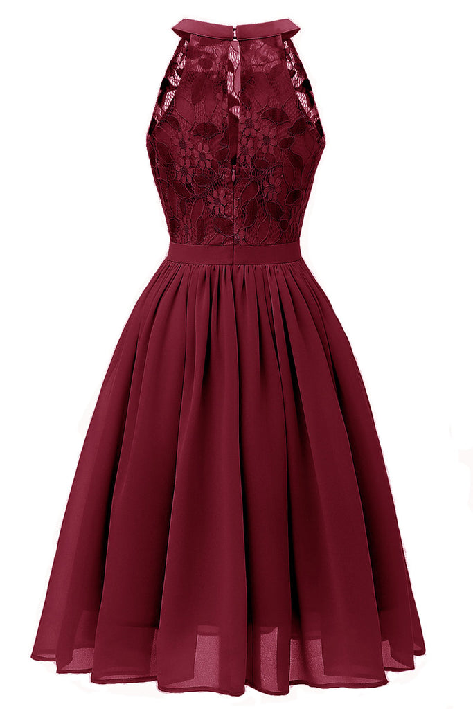 Burgundy Sleeveless A-line Lace Prom Dress
