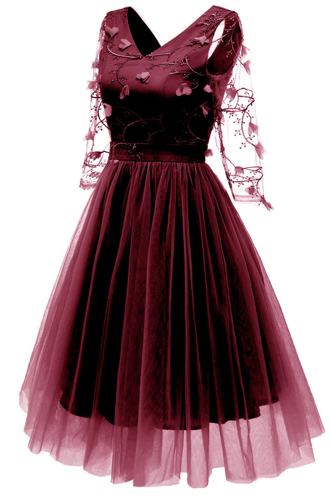 Burgundy V-neck A-line Applique Prom Dress With Long Sleeves