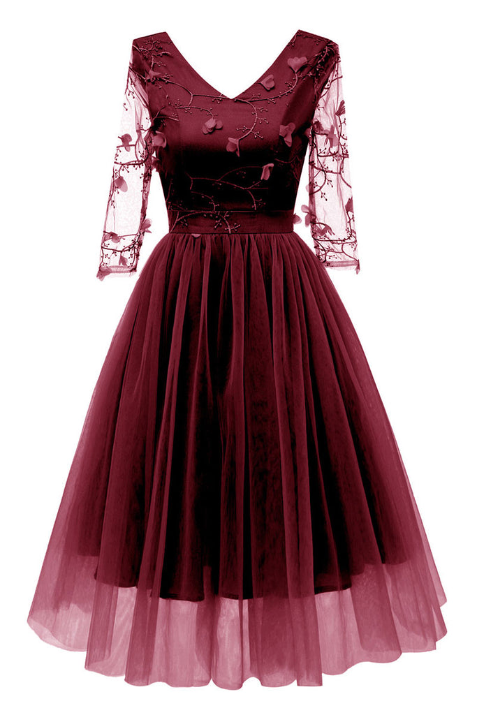 Burgundy V-neck A-line Applique Prom Dress With Long Sleeves