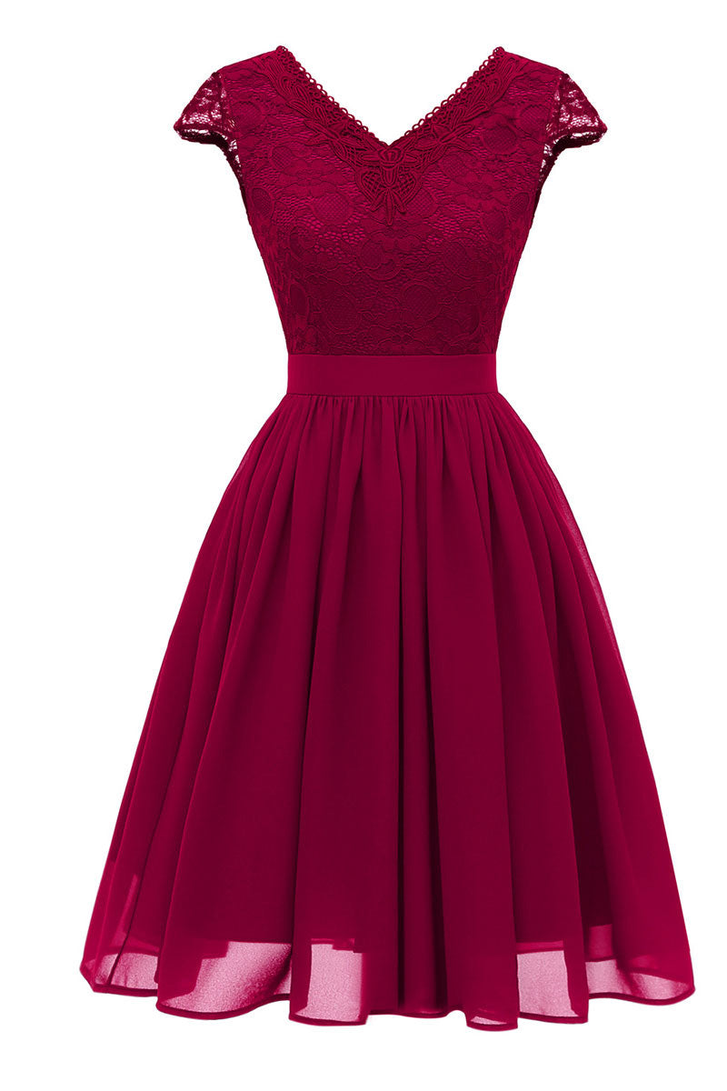 Burgundy V-neck Lace Homecoming Prom Dress – Mislish