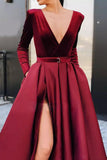 Burgundy Deep V-Neck Long Sleeve A-Line Evening Prom Dresses