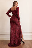 Burgundy High Slit Long Sleeve Formal Evening Dress