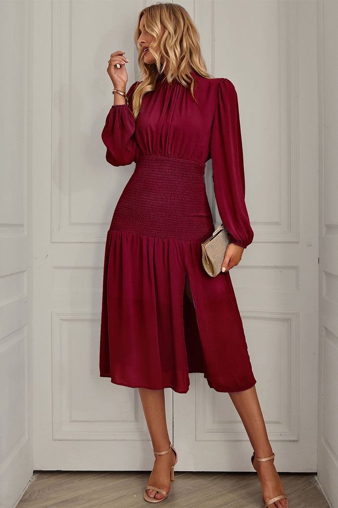 Chic Burgundy Long Sleeve Midi Dress – Mislish