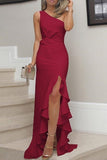 Burgundy One Shoulder High Slit Prom Gown Evening Dress