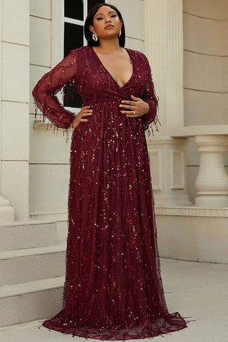 Burgundy Plunging Long Sleeve Plus Size Prom Dress Evening Gown