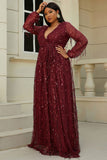 Burgundy Plunging Long Sleeve Plus Size Prom Dress Evening Gown