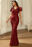 Burgundy Sequin Cap Sleeve V-Neck Mermaid Formal Evening Dress